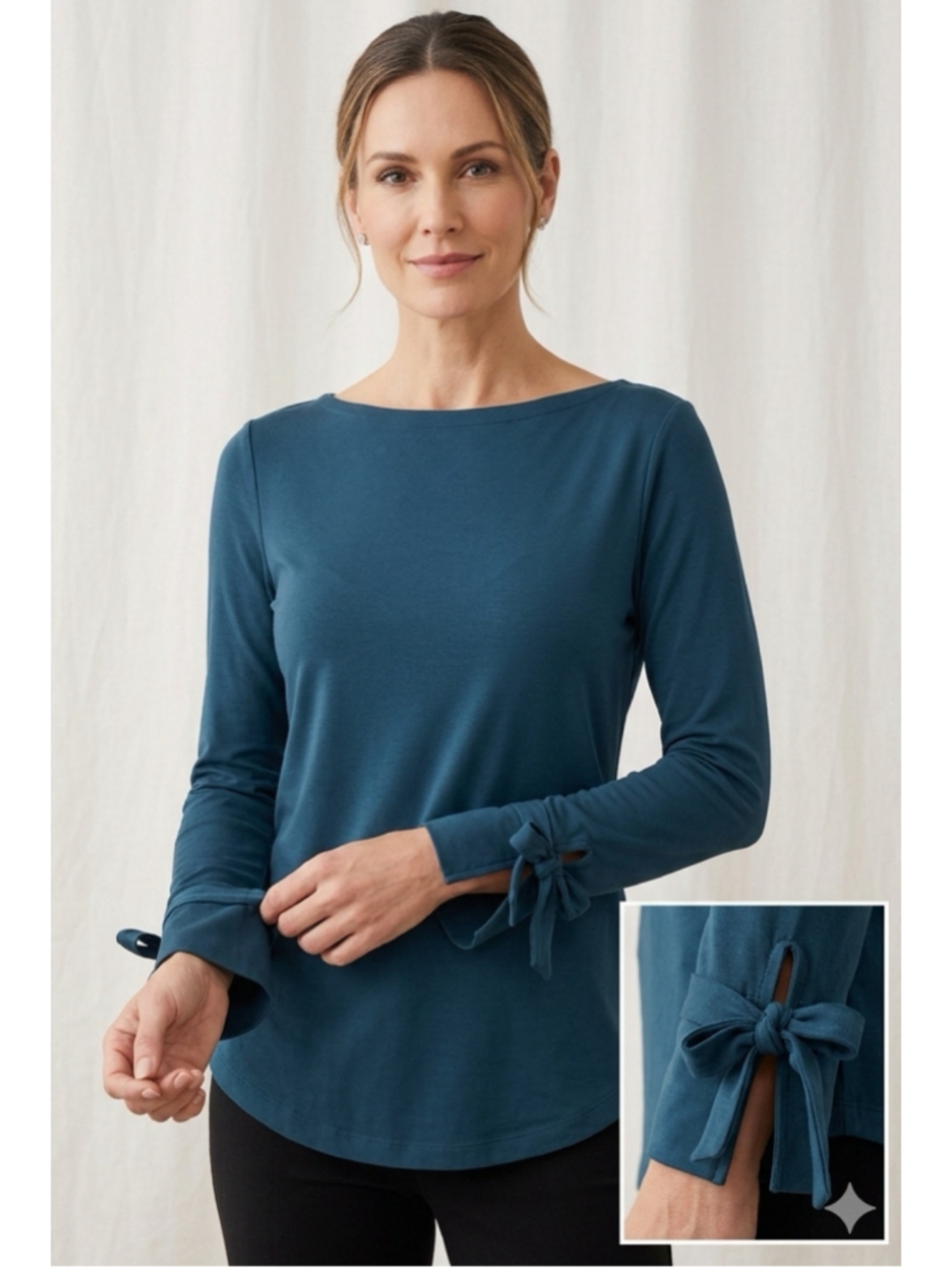 Banana Republic Teal Blue Boatneck Top Split Sleeve Tie Cuff Knit Size XSP 2094